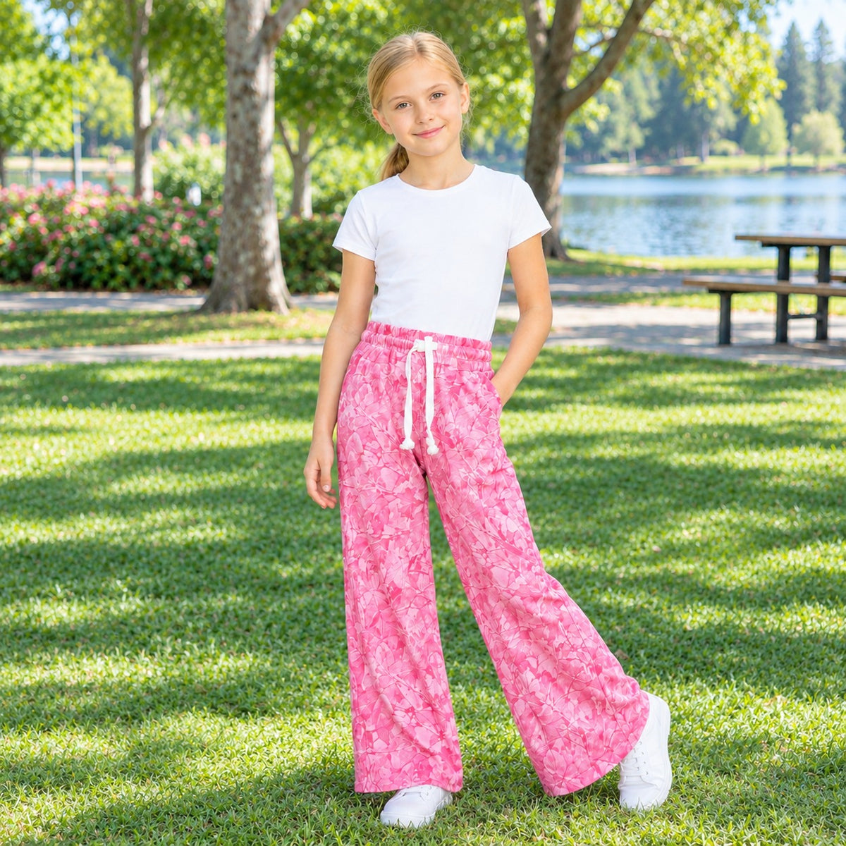 Pink leaves print girls milk silk pants