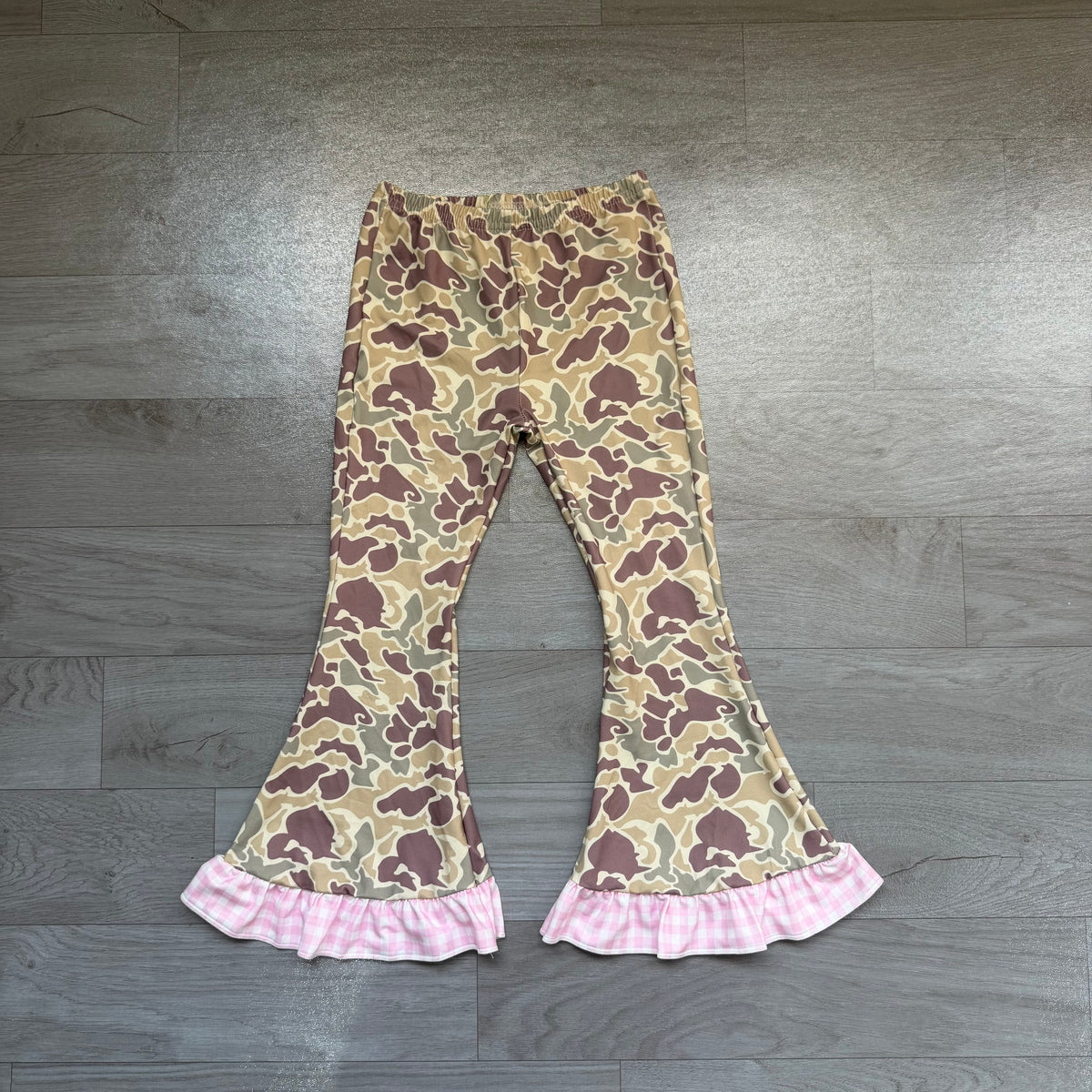Khaki camo girls bell bottom pants preorder