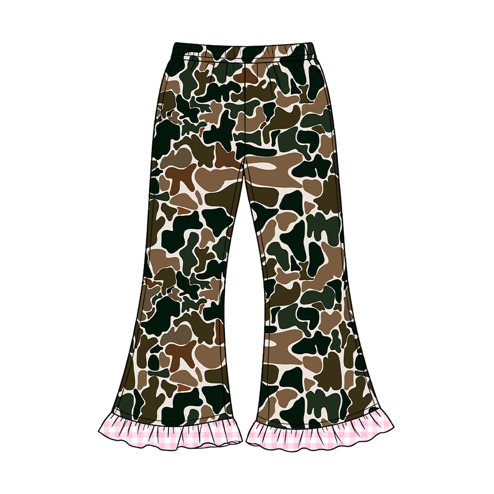 Green camo girls bell bottom pants preorder