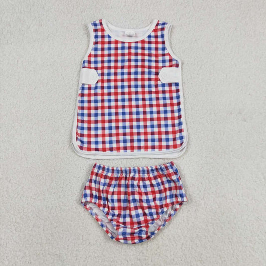 July 4th red blue plaid style boys summer bummies outfit
