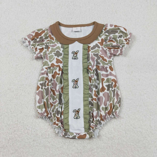 Easter embroidery camo bunny girls long sleeve romper
