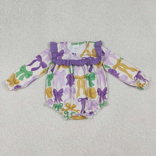 Mardi Gras bow toddle baby long sleeve romper
