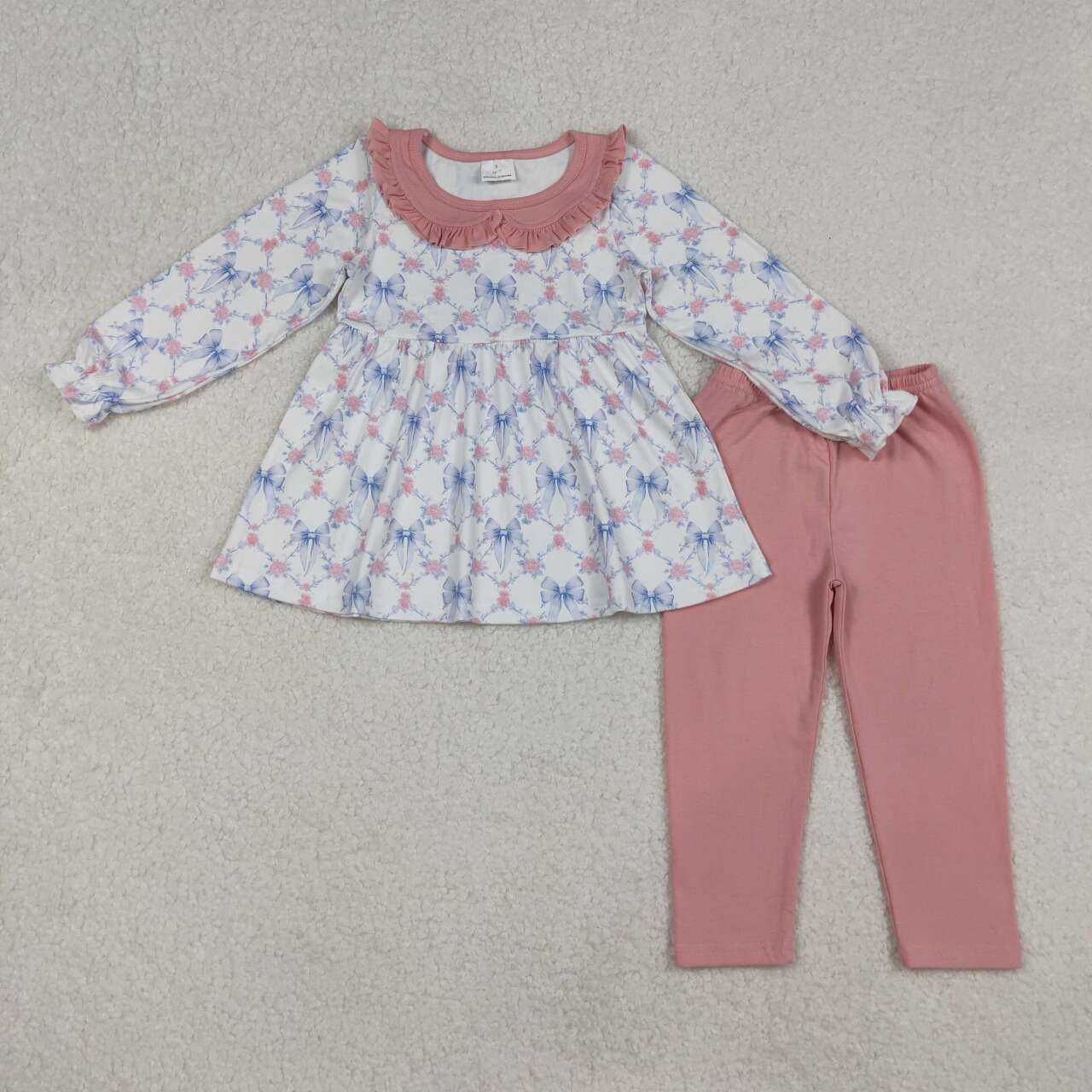 Blue bow shirt matching pants design girls spring fall outfit