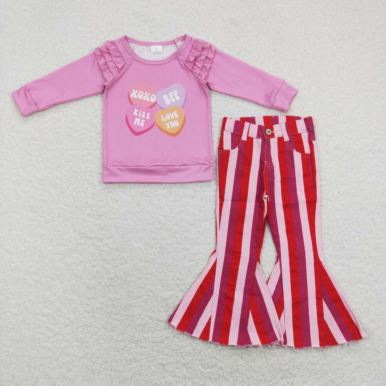 xoxo valentines day shirt red pink stripes jeans bell bottoms spring fall outfit