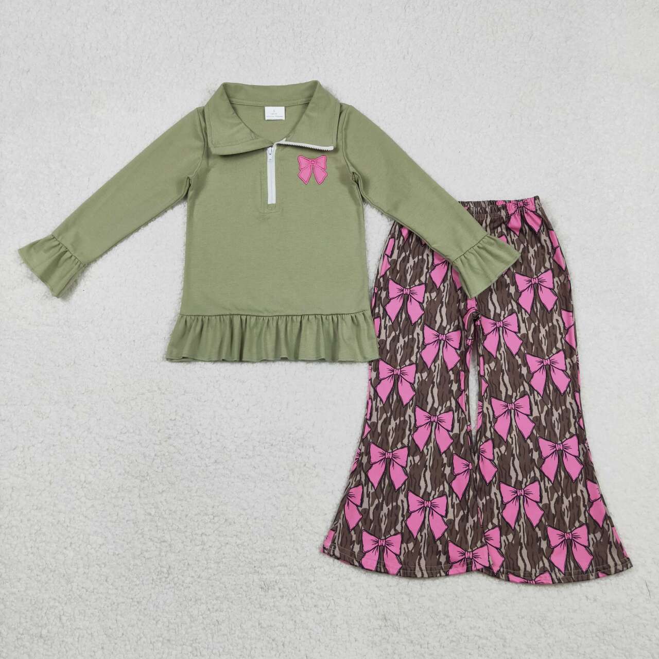 Embroidery Pink bow pullover matching camo pants design girls long sleeve outfit