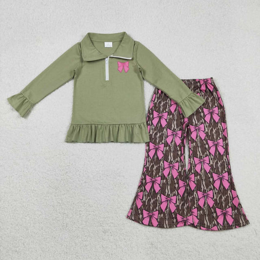 Embroidery Pink bow pullover matching camo pants design girls long sleeve outfit