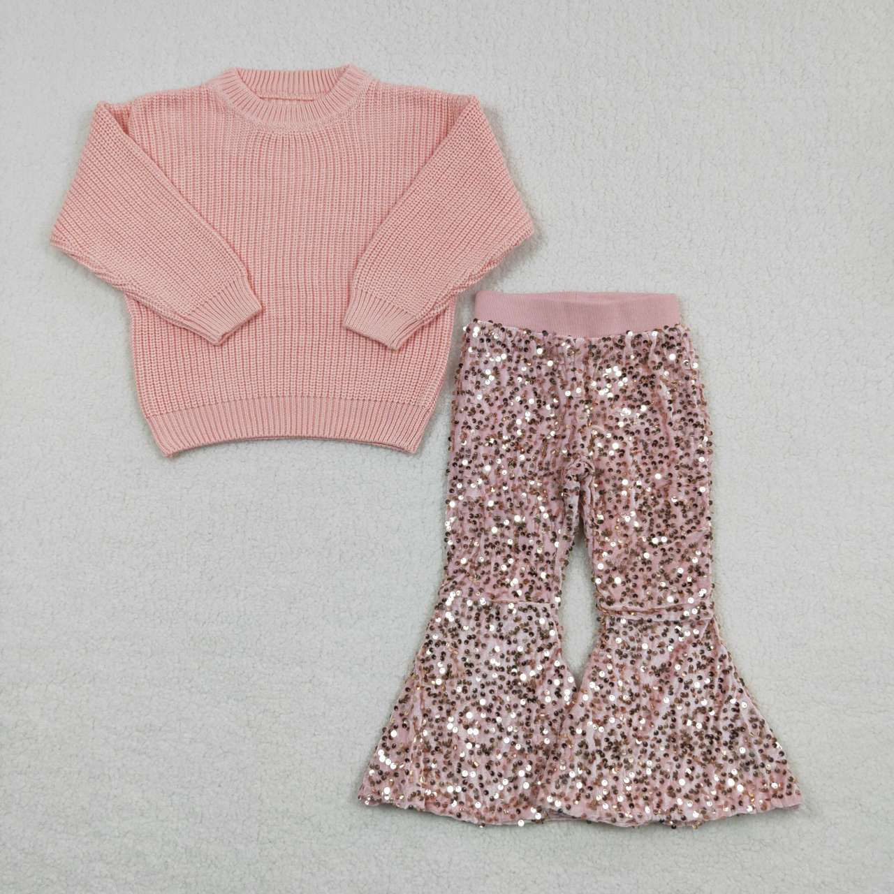 pink sweater top matching sequins bell bottoms Valentines day outfit