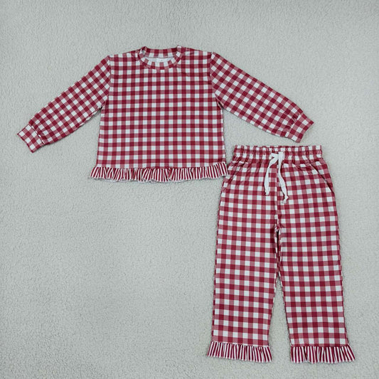 Red plaid long sleeve top matching pants girls outfit
