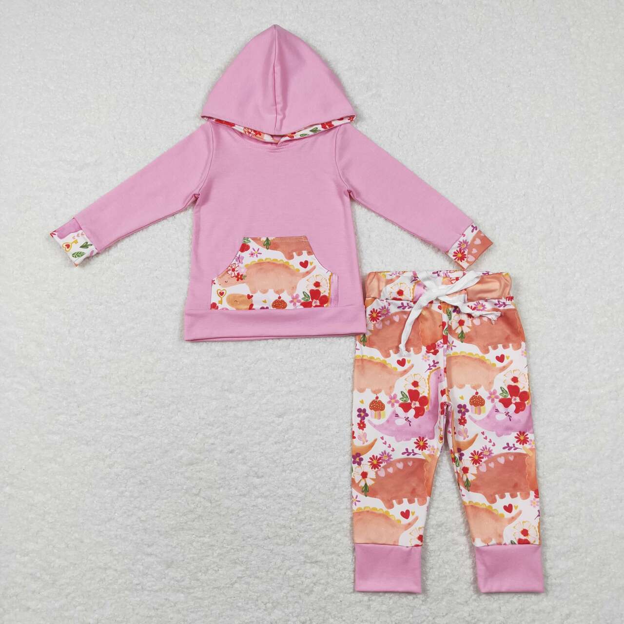 Pink dinosaur floral hoodie pants girls valentines day clothing set