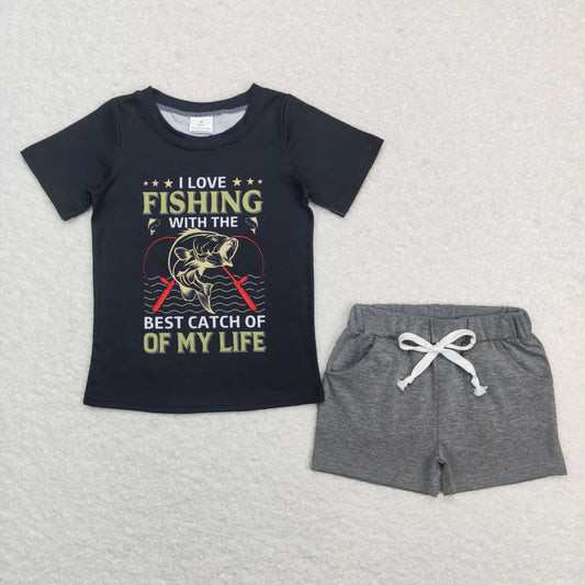 boy fishing top grey shorts outdoor outfit