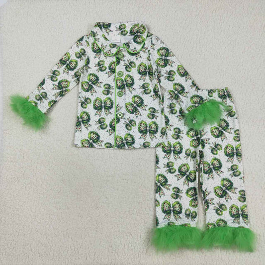 Christmas green bow girls long sleeve pajama set outfit