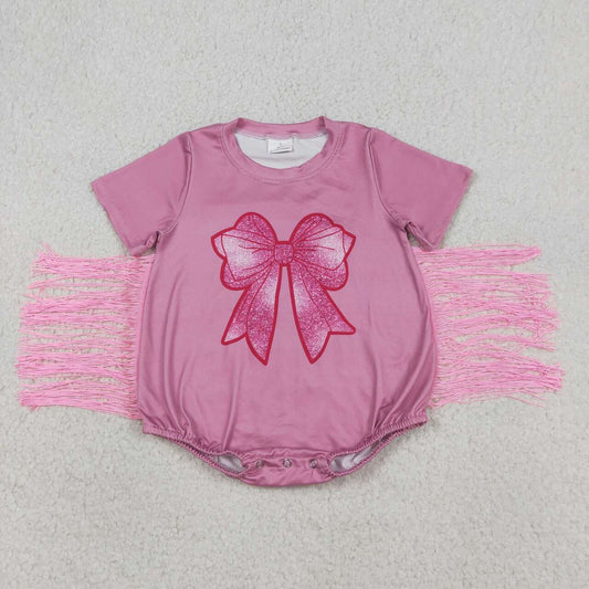 Pink bow design infant baby girls short sleeve tassel romper