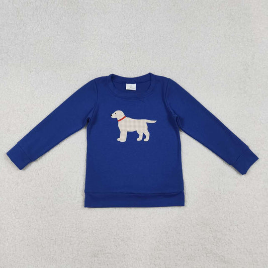 Kids long sleeve embroidery cute dog blue top t-shirt