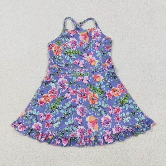 Baby girls pink blue floral active wear athletic summer yoga skirt dress