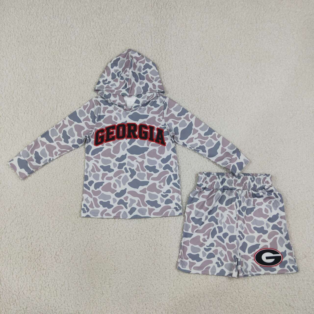 Boys long sleeve georgia camo hoodie top matching shorts outfit