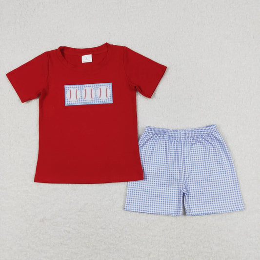 red embroidery  baseball top blue gingham shorts outfit