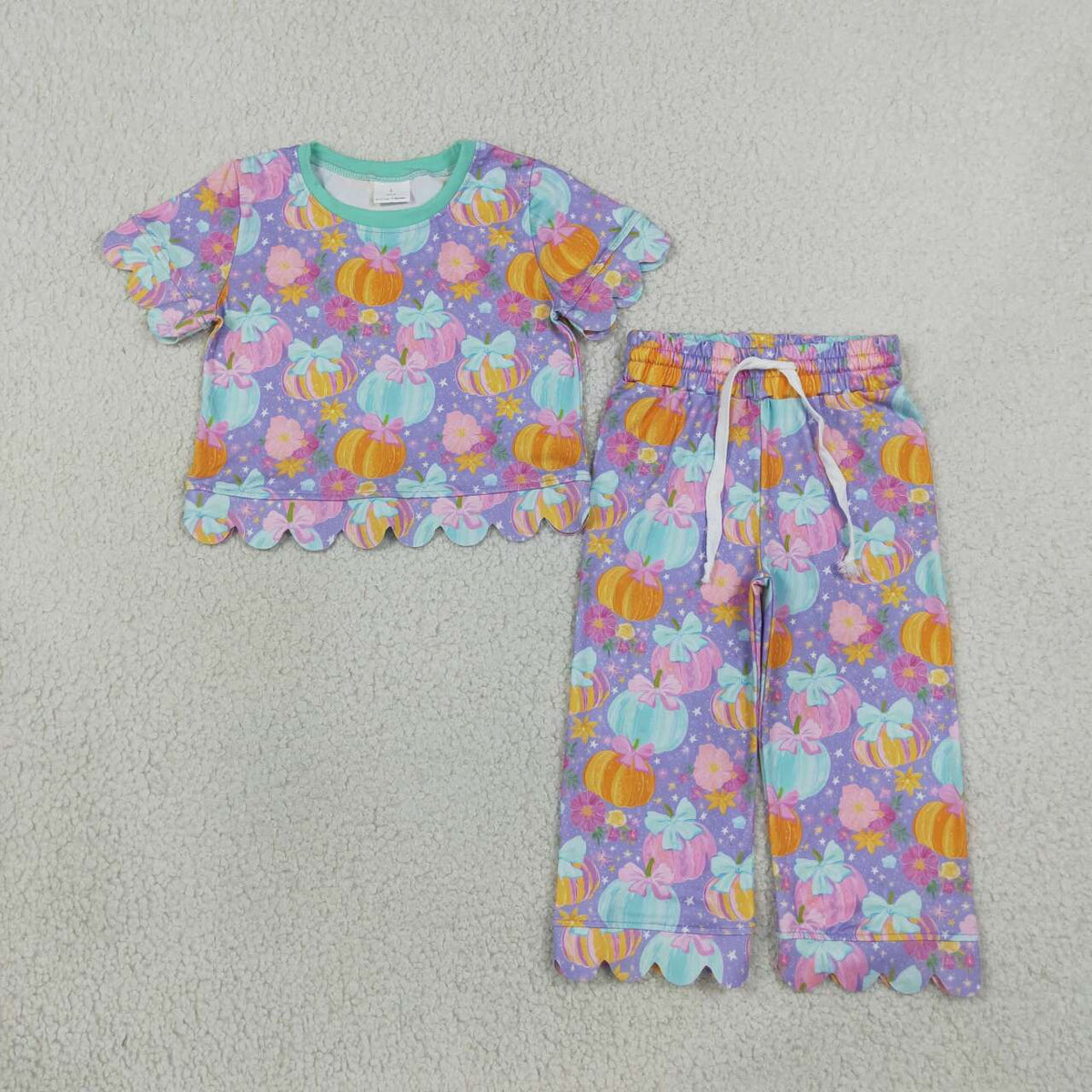 Colorful pumpkin top matching pants girls short sleeve outfit