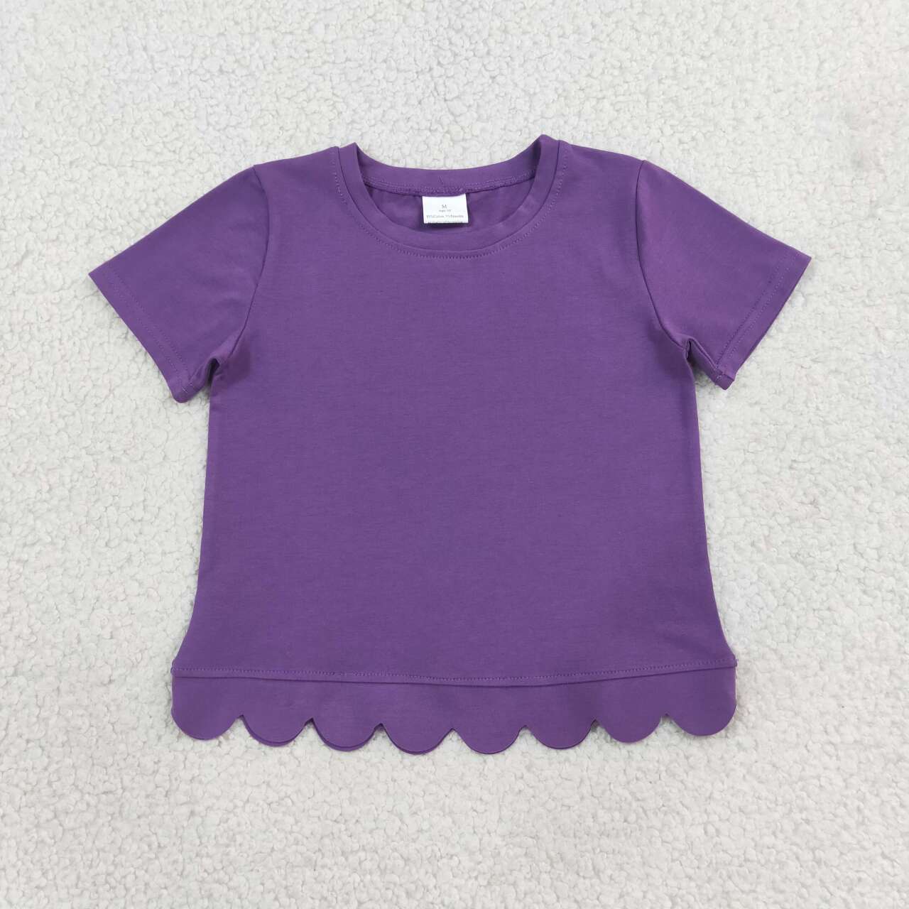 Purple color kids girls short sleeve scalloped cotton top