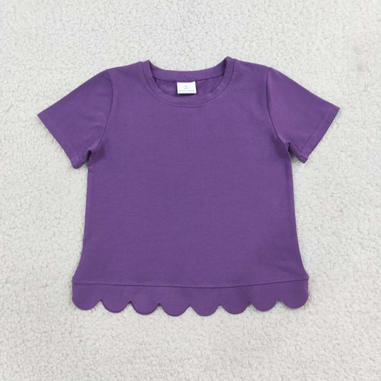 Purple color kids girls short sleeve scalloped cotton top