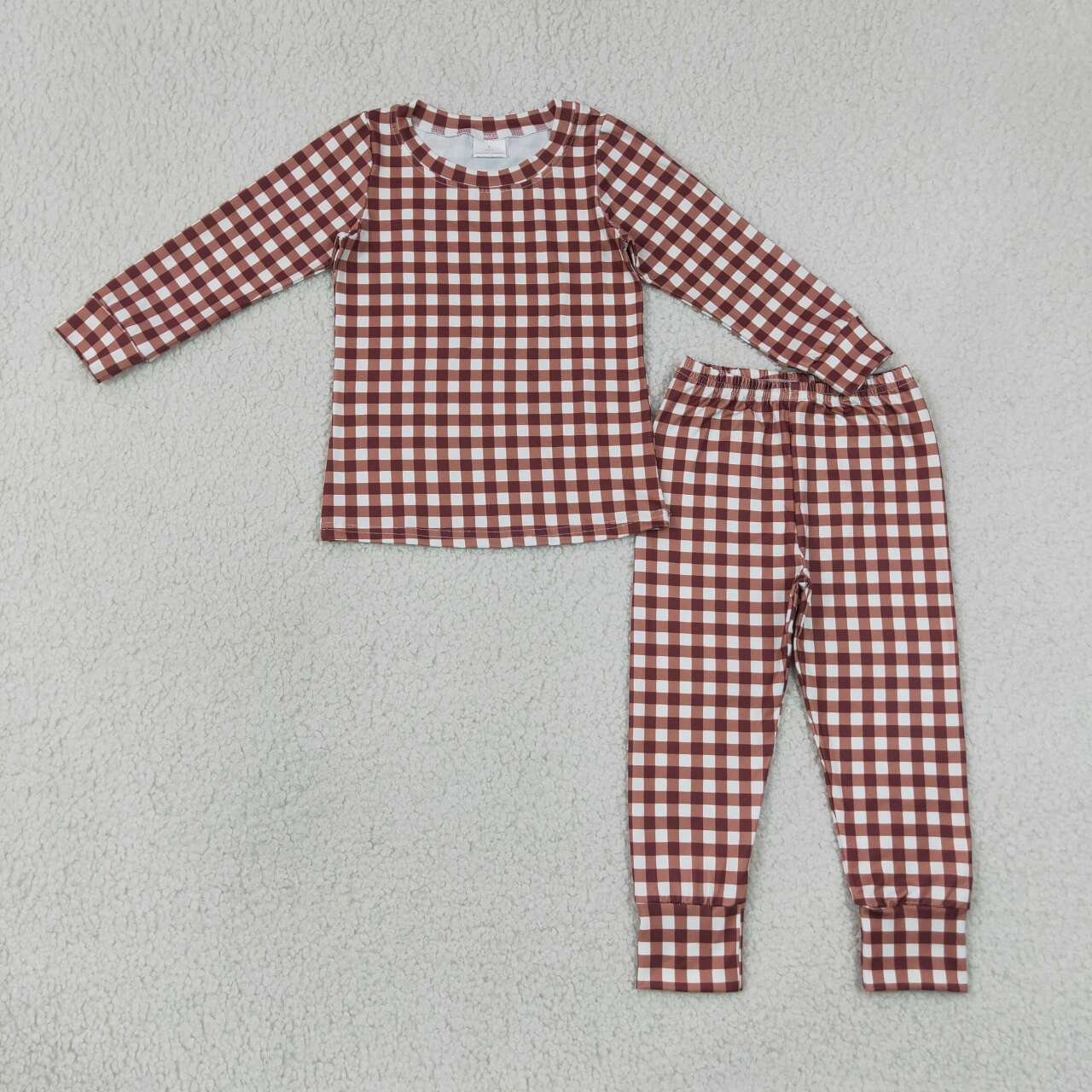 Plaid print long sleeve top matching pants boy outfit