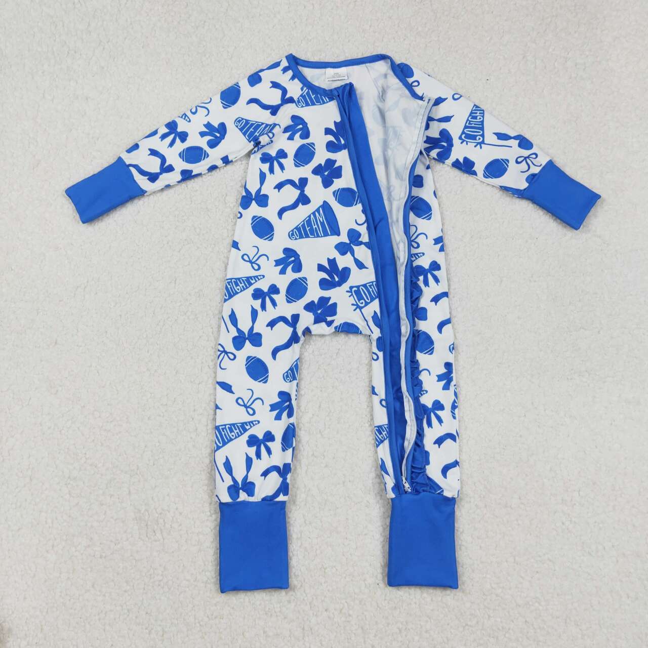 Blue bow football design girls long sleeve romper