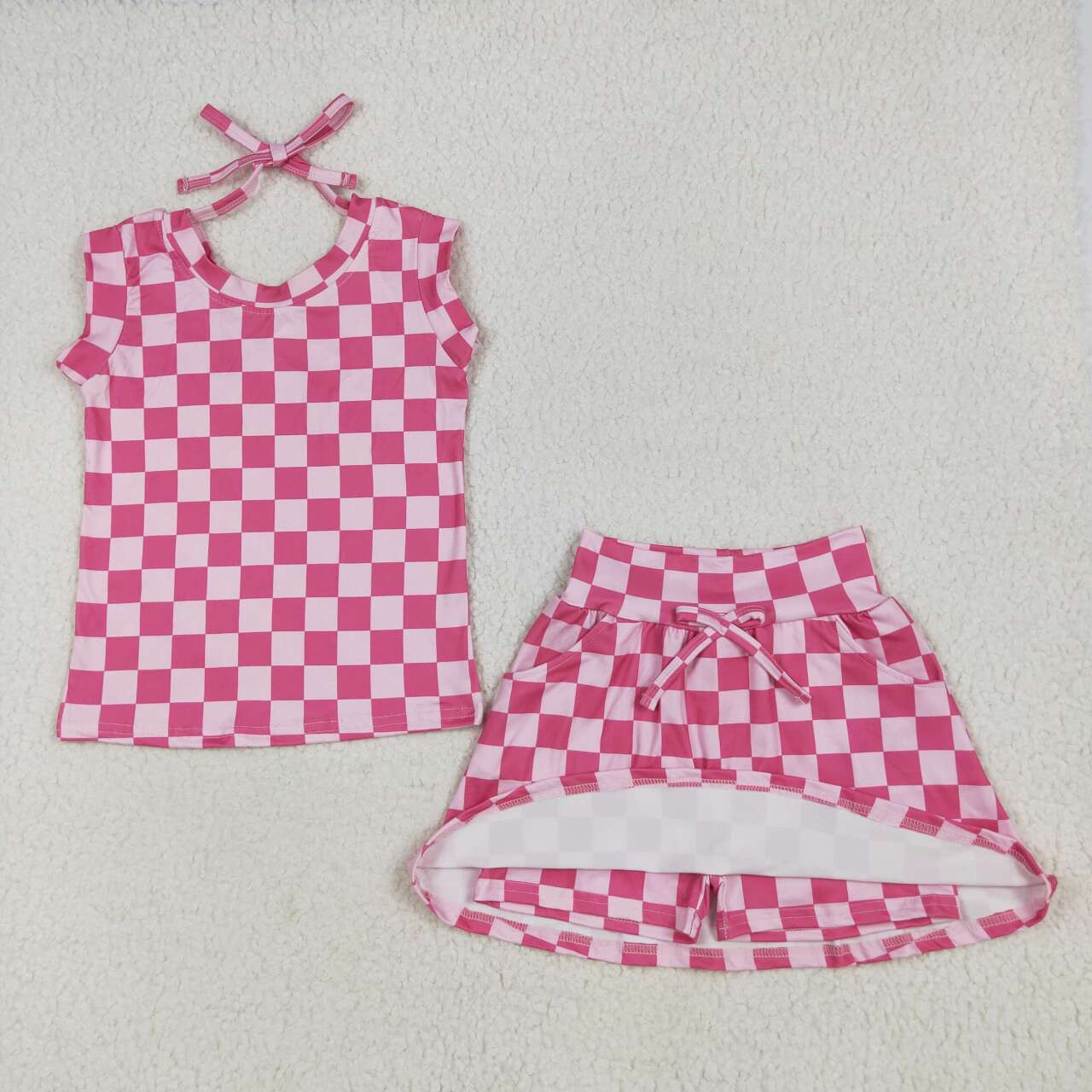 Pink checkered baby girls summer skirt set with shorts