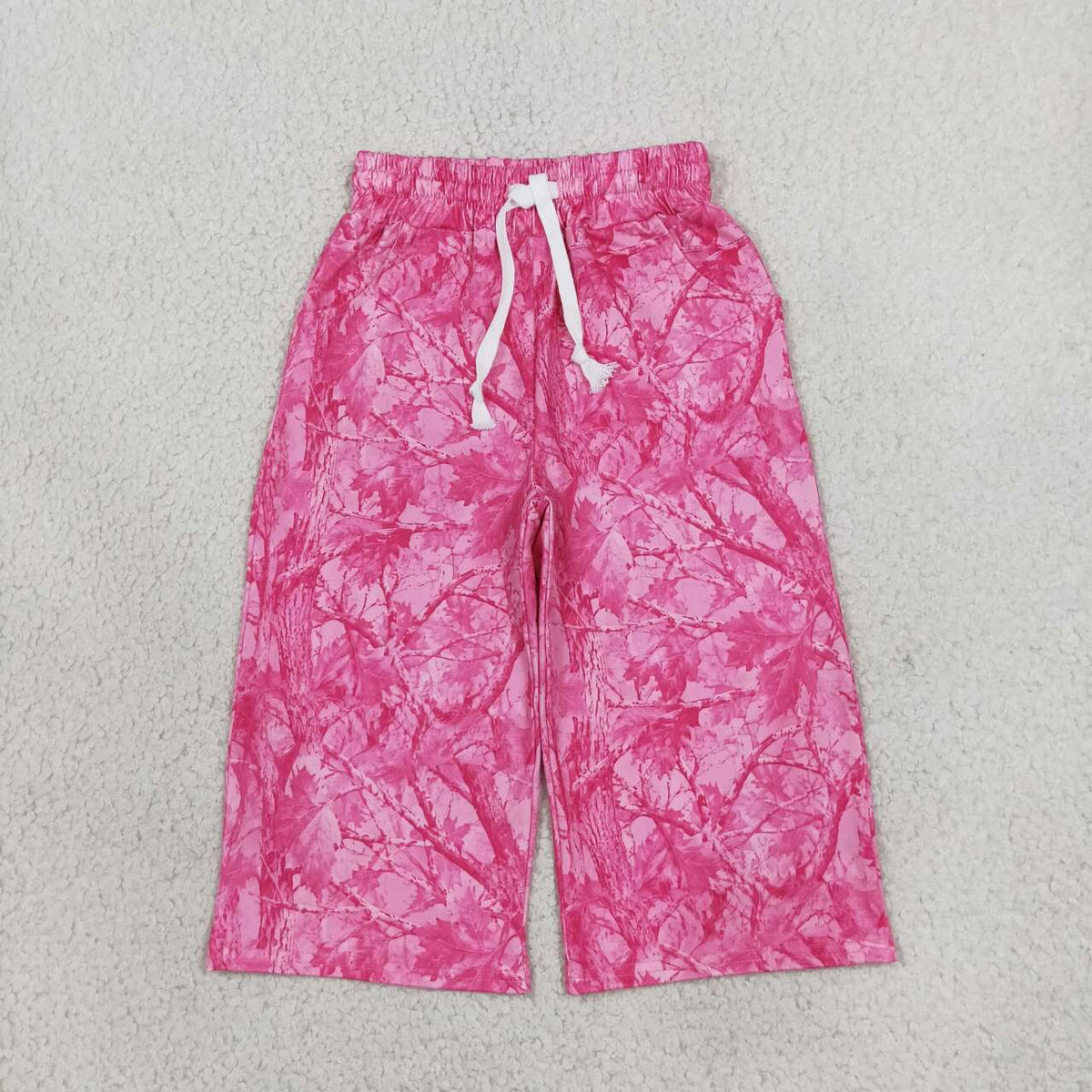 Pink leaves print girls milk silk pants