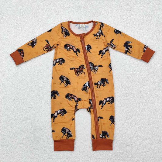 western cowboy horse long sleeve bamboo zip romper