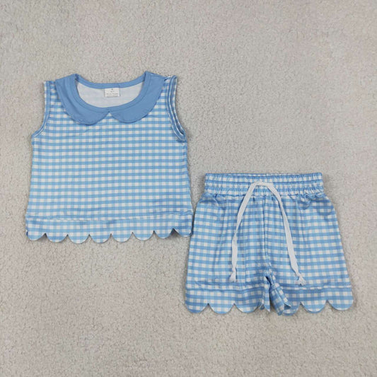 Blue plaid top matching shorts girls summer outfit