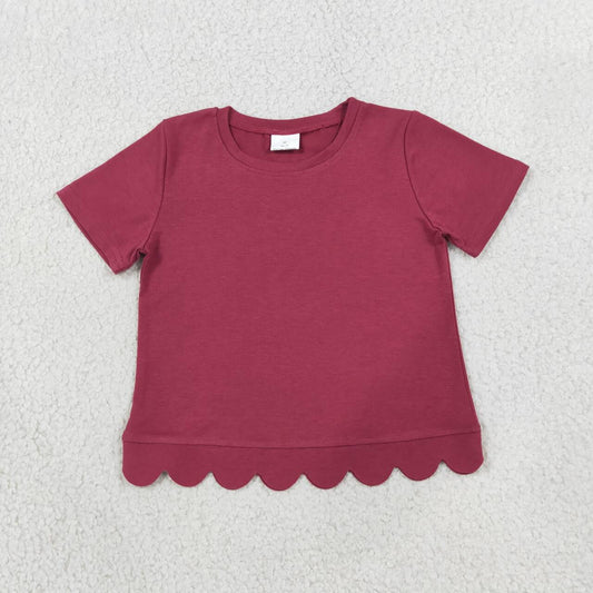 Dusty red color kids girls short sleeve scalloped cotton top