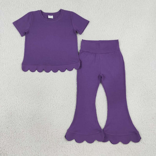 Girl dusty purple color short sleeve scallop top matching pants wholesale outfit
