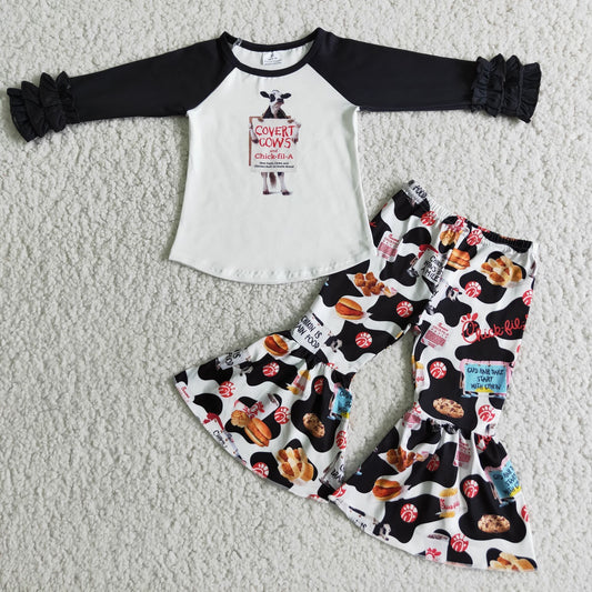 kids long sleeve cow print 2pcs spring fall outfits