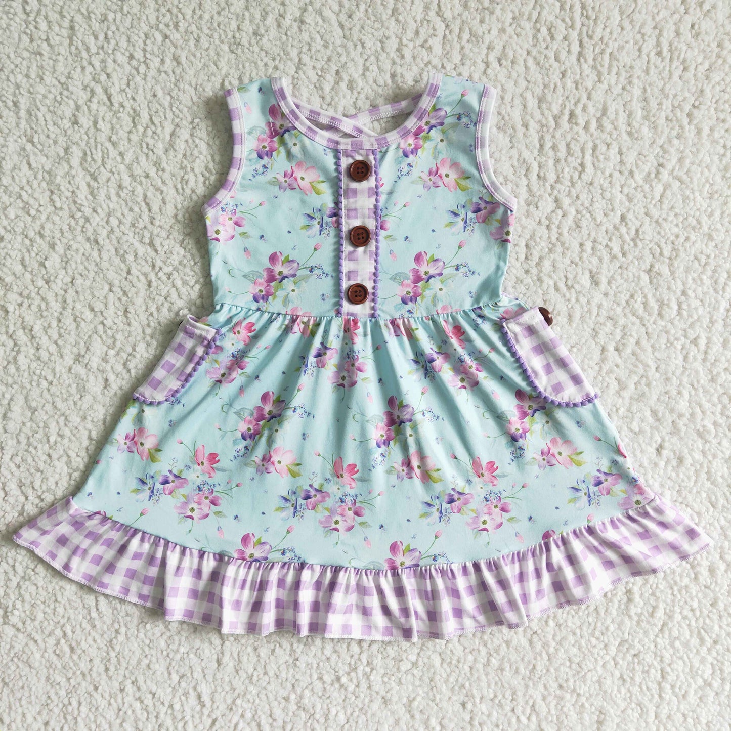 baby girls lavender floral sleeveless pompom dress