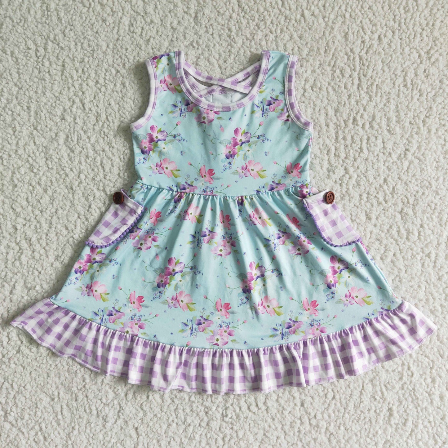 baby girls lavender floral sleeveless pompom dress