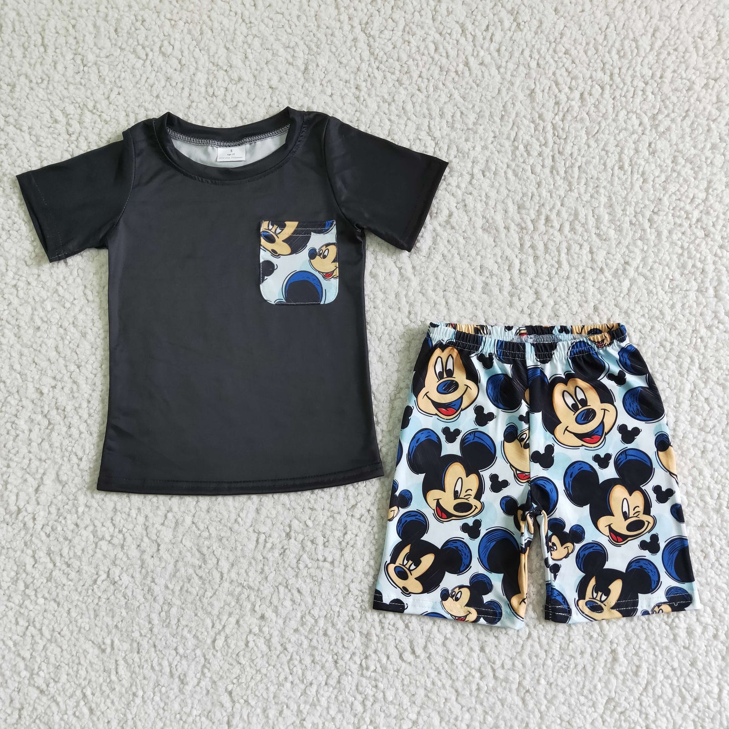 boy black short sleeve pocket top summer cartoon outfit