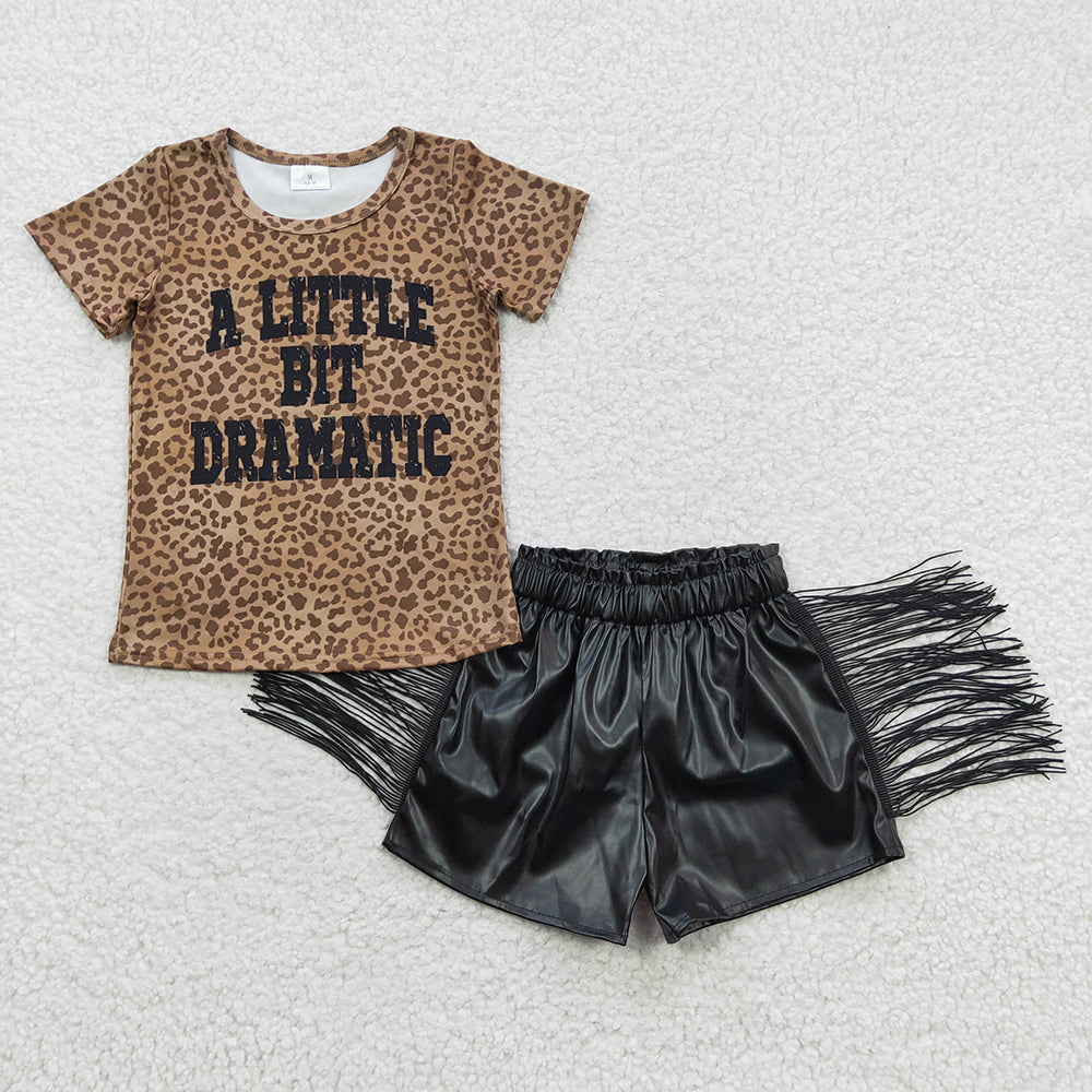 Dramatic cheetah top tassel leather shorts 2pcs boutique outfit wholesale