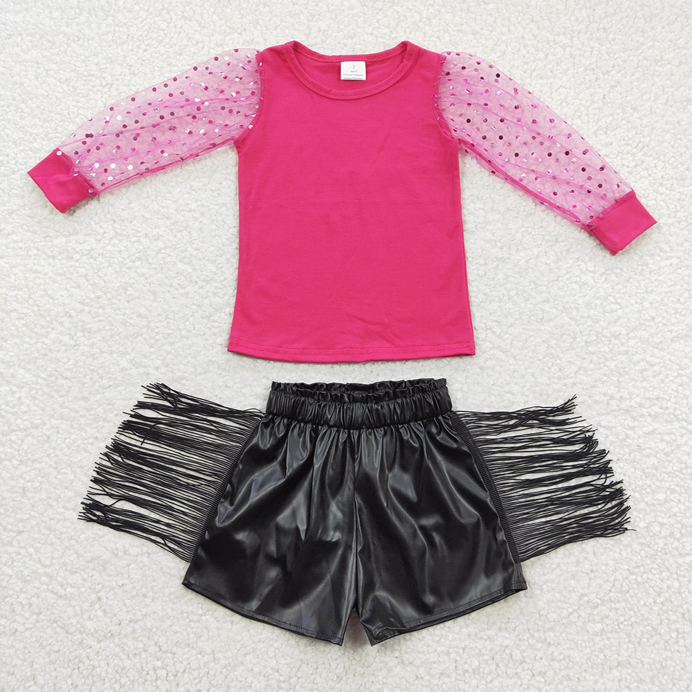 Girls long sleeve pink top black tassel leather shorts clothing set