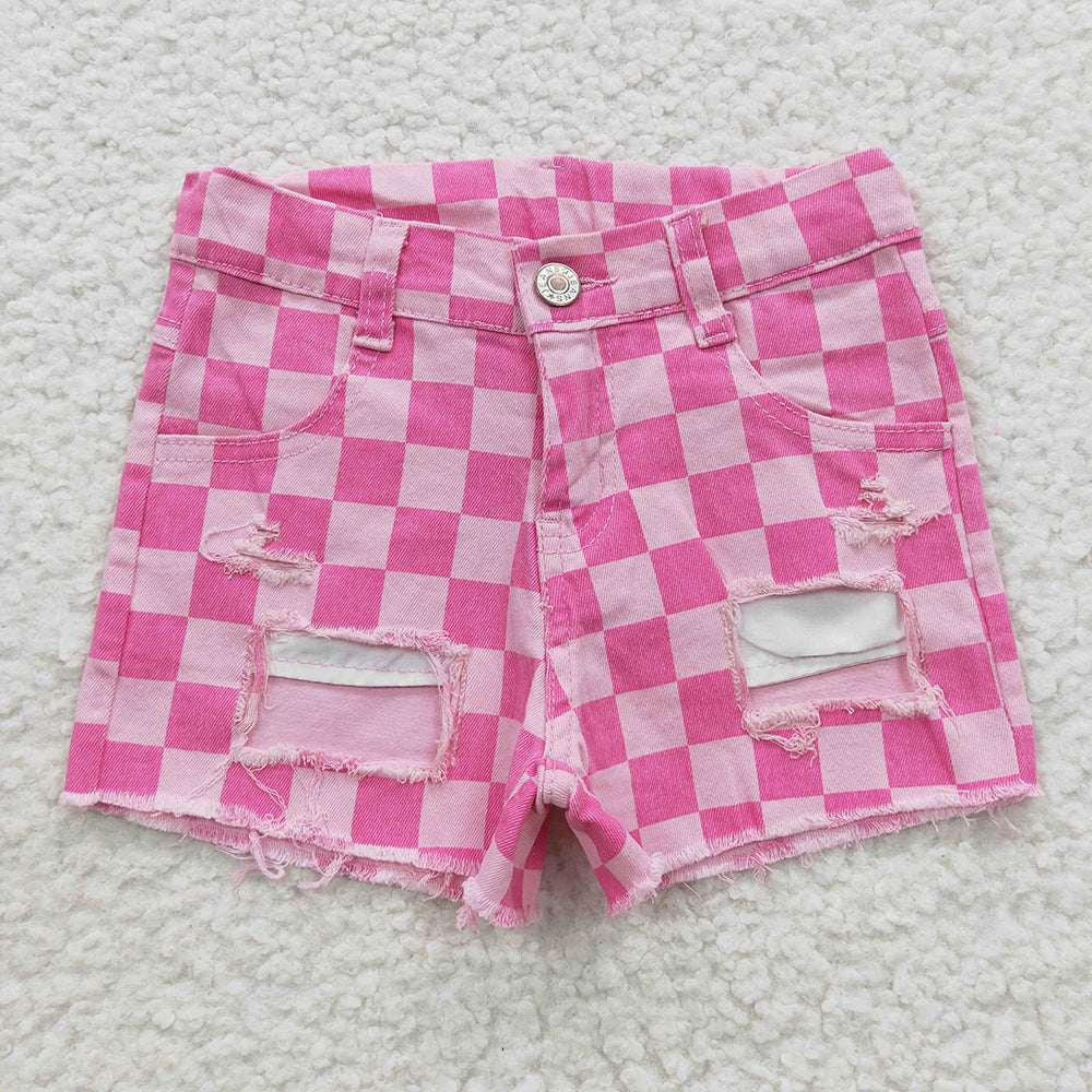 pink checkered distressed denim jeans shorts wholesale jeans shorts