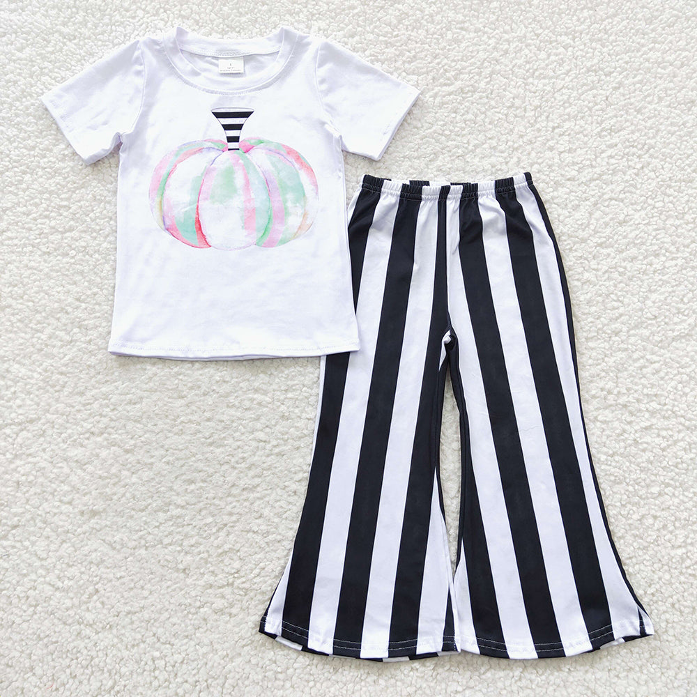 girls short sleeve pumpkin top black stripes legging set