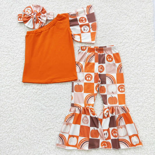 baby girls one shoulder fall pumpkin clothing set headband