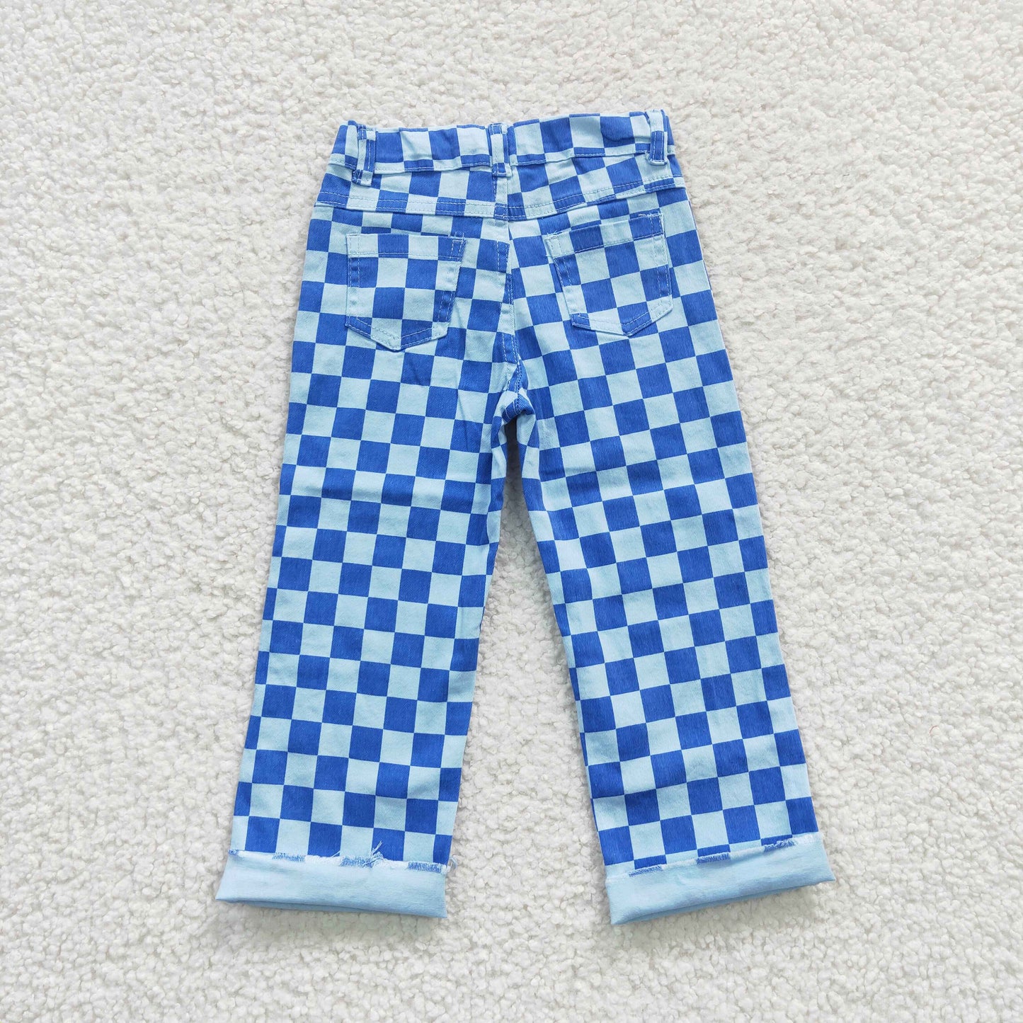 blue plaid hole design denim pants
