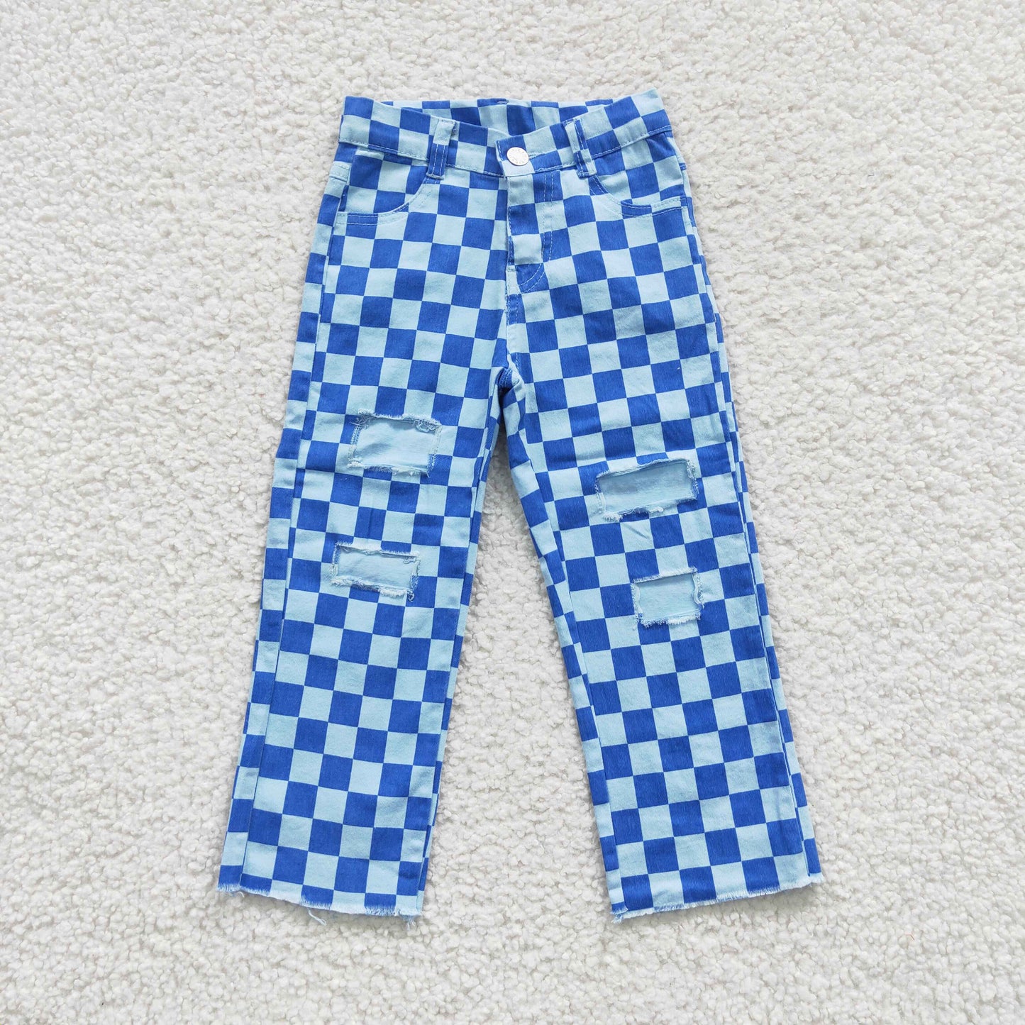 blue plaid hole design denim pants