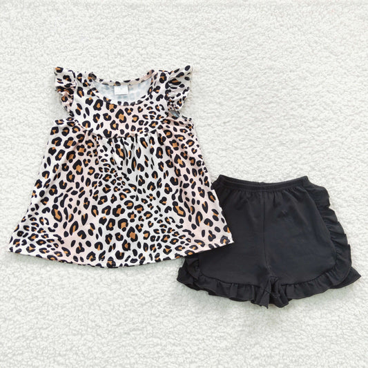 black cheetah top solid shorts 2pcs wholesale boutique clothing set