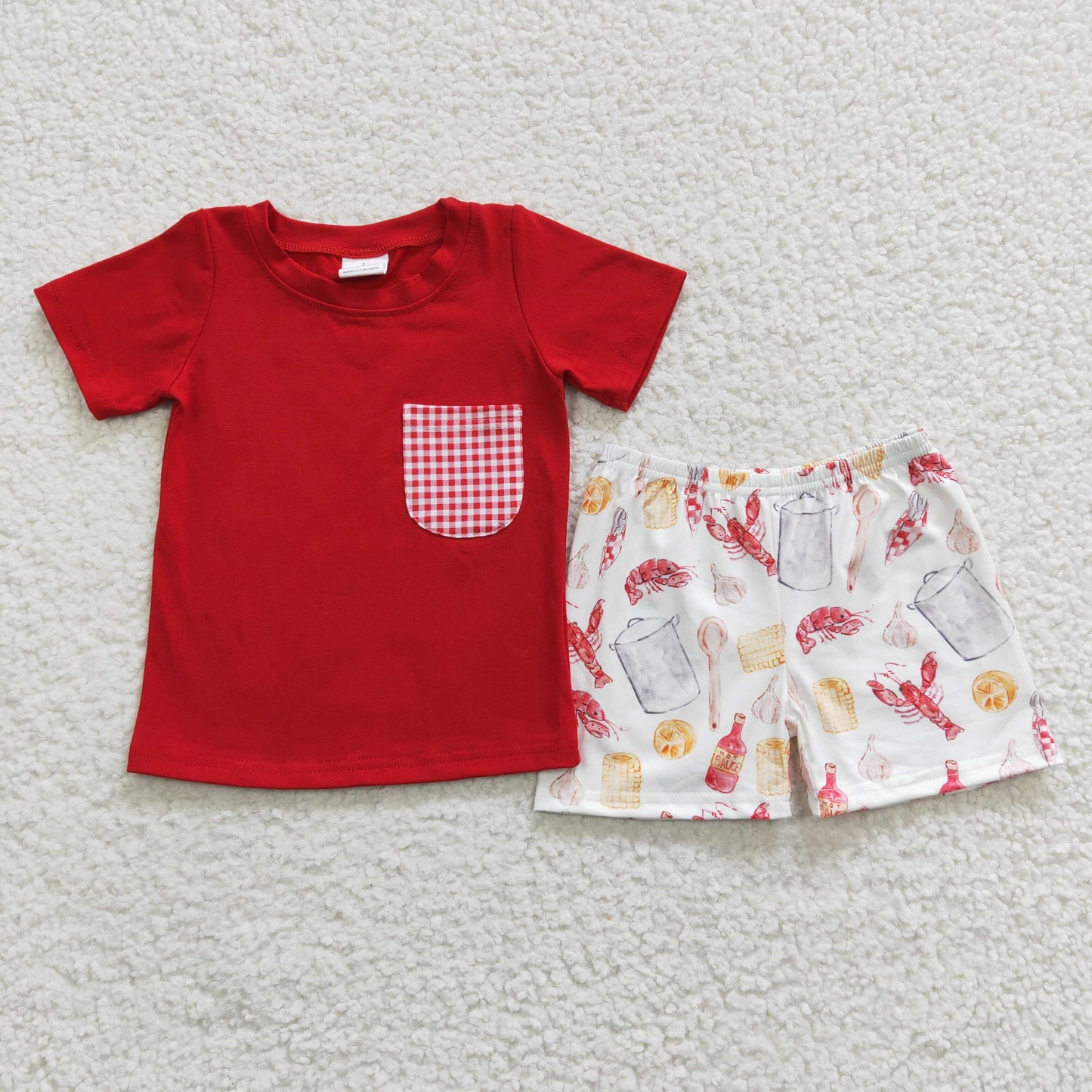 craw fish design boy summer pocket shorts set