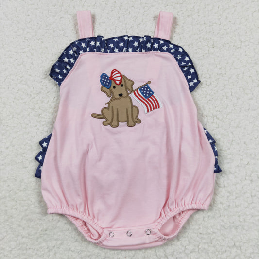 embroidery July 4th girl flag dog print wholesale romper