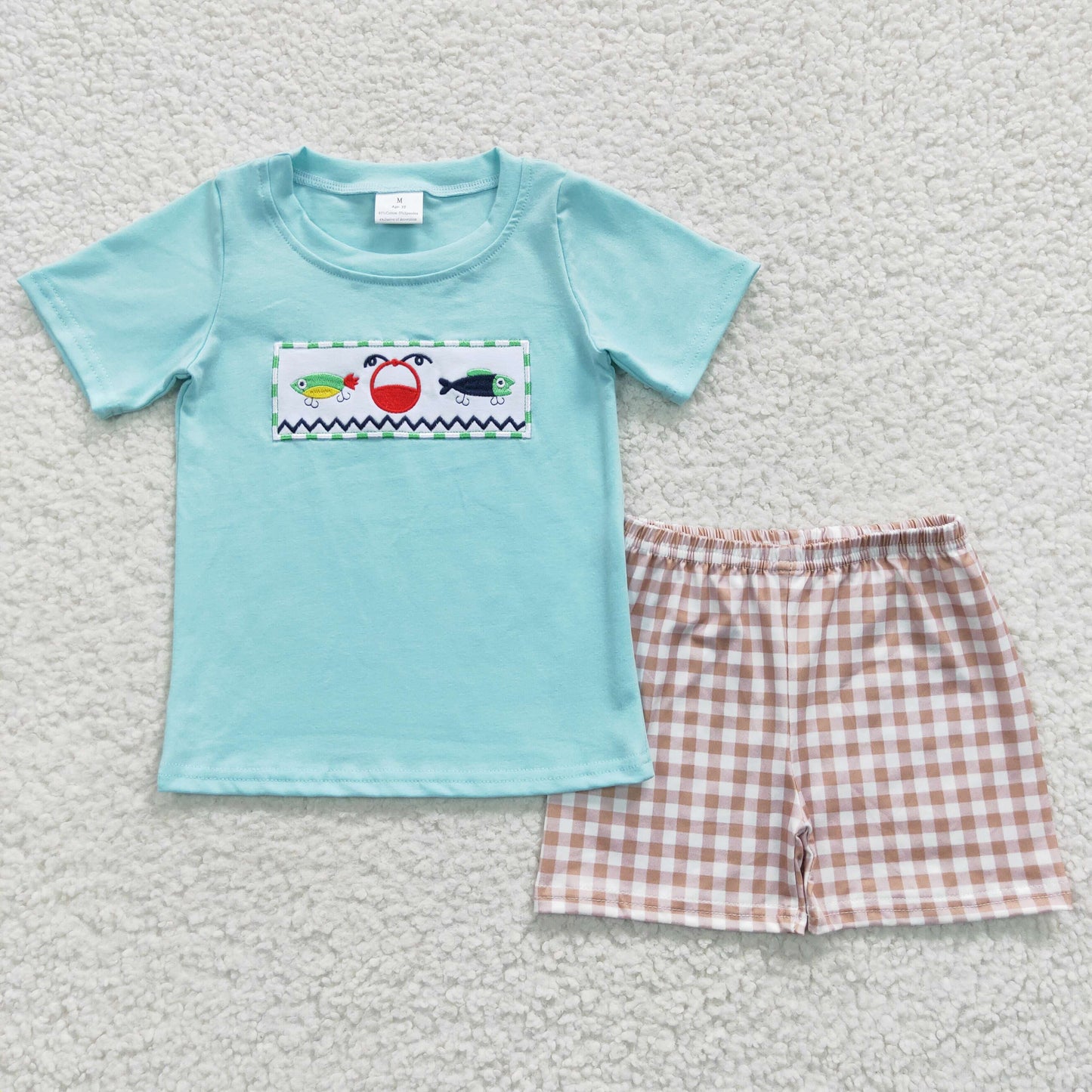 embroidery fishing print wholesale boy summer short set