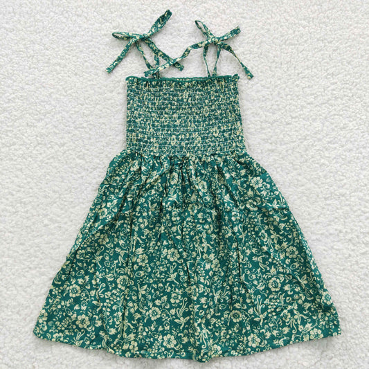 green floral straps woven dress wholesale girls smocking dress