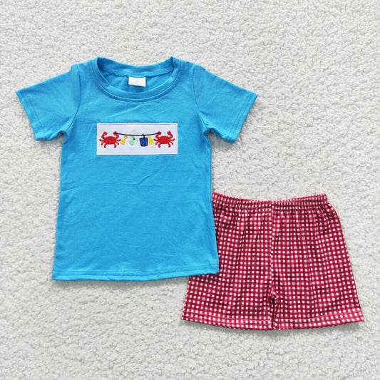 boy embroidery crab summer short set