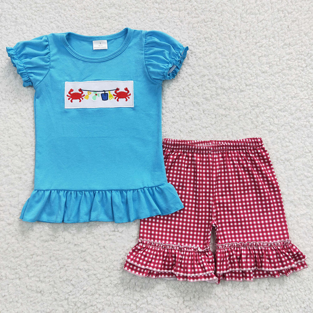 girl embroidery crab summer short set