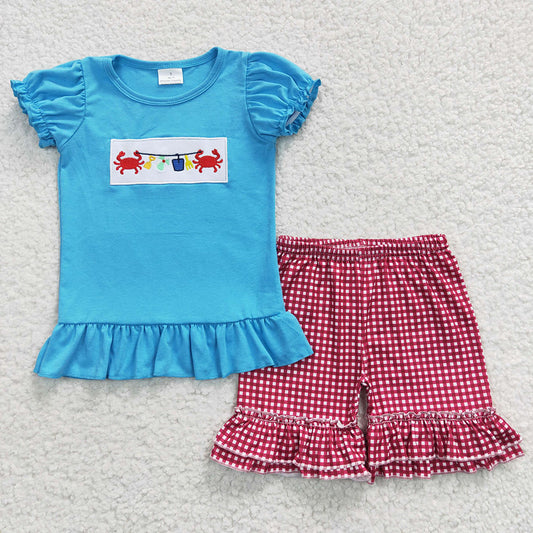 girl embroidery crab summer short set